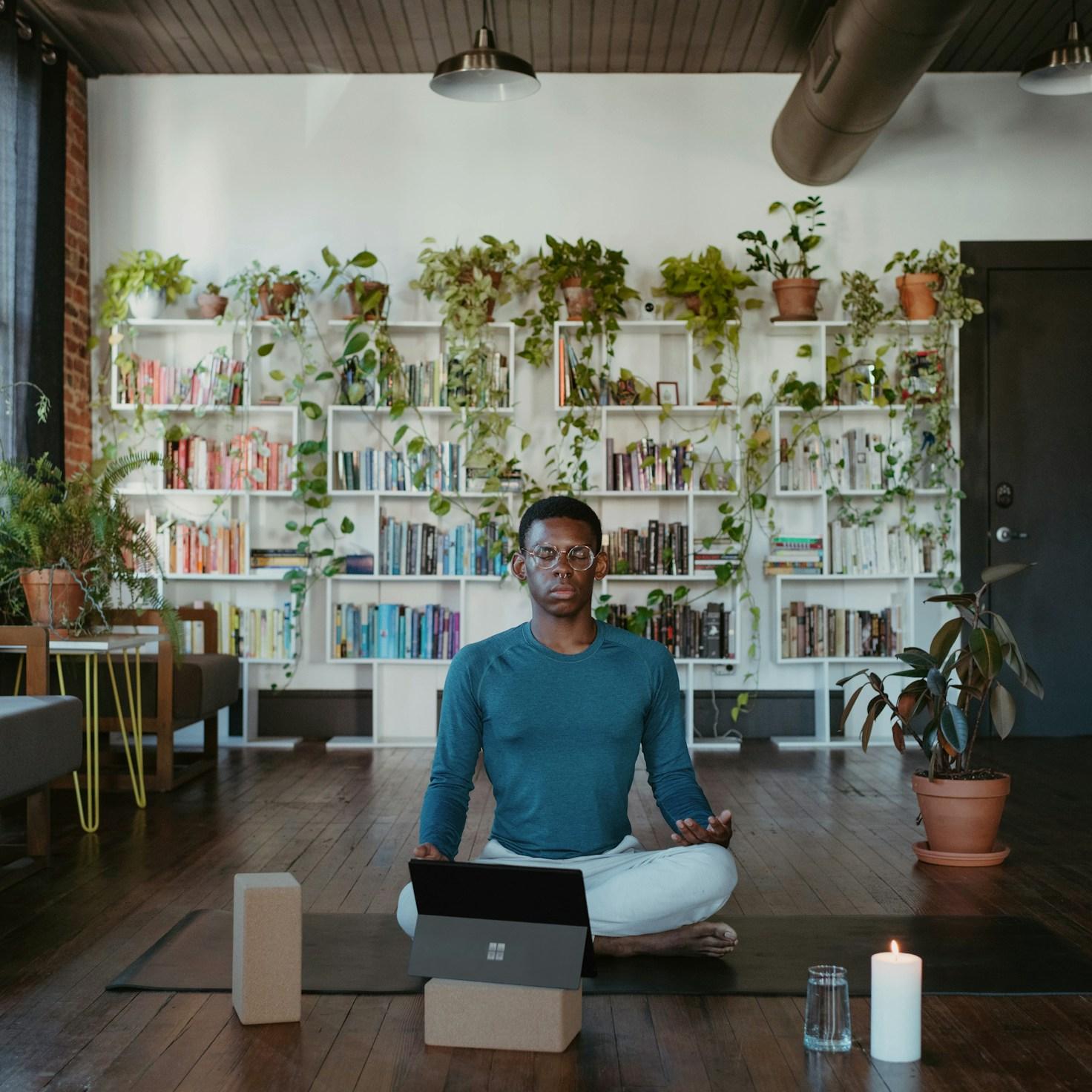 Meditation practice space with cushions arranged in circle